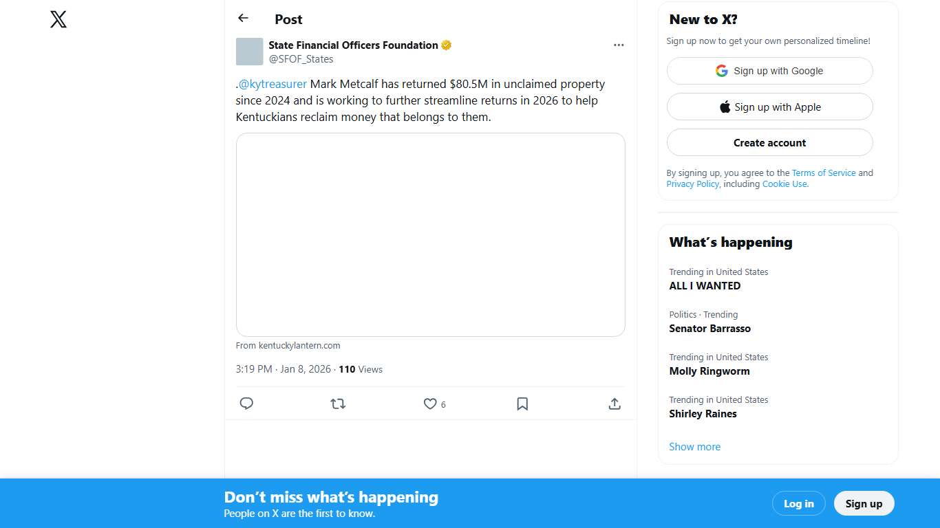 State Financial Officers Foundation on X: ".@kytreasurer Mark Metcalf has returned $80.5M in unclaimed property since 2024 and is working to further streamline returns in 2026 to help Kentuckians reclaim money that belongs to them. https://t.co/gLo07C3f7O" / X
